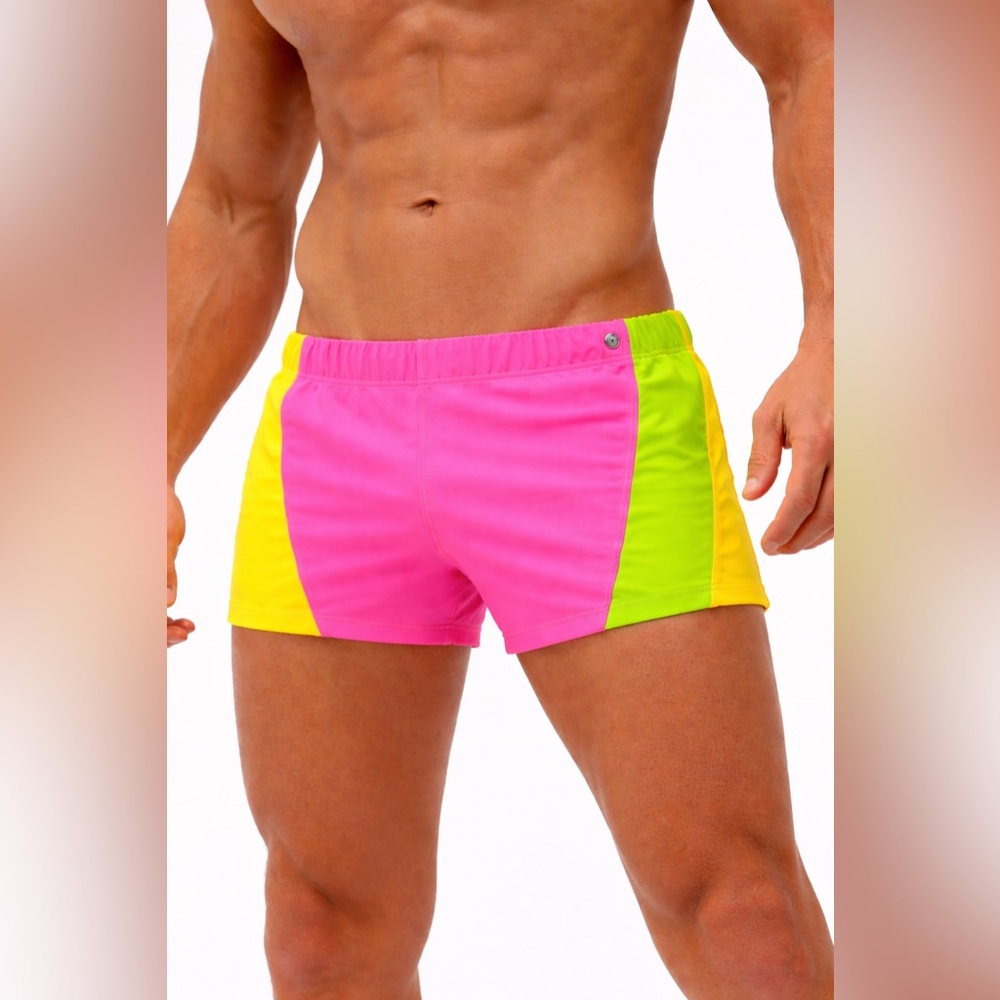 Rufskin Gabrio Neon Colorblock Swim Shorts Pink Yellow Green Stretch Trunks